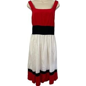 Anne Klein Womens Square Neck Red Black Silk Cotton Midi Length Pleated Dress 12